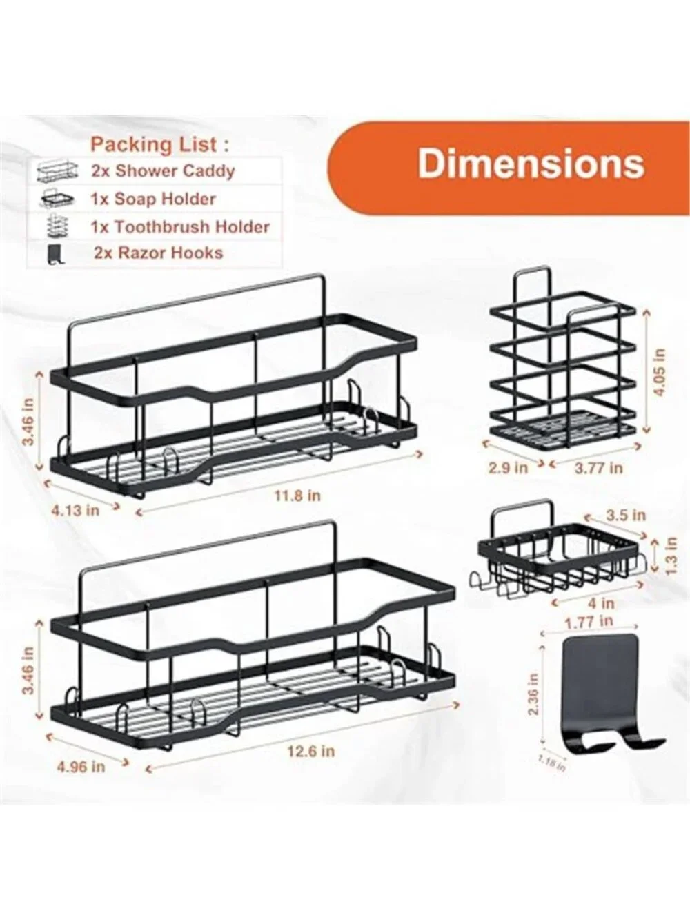 Black Shower Caddy Organizer Adhesive No Drill Stainless Steel Bathroom Shelf